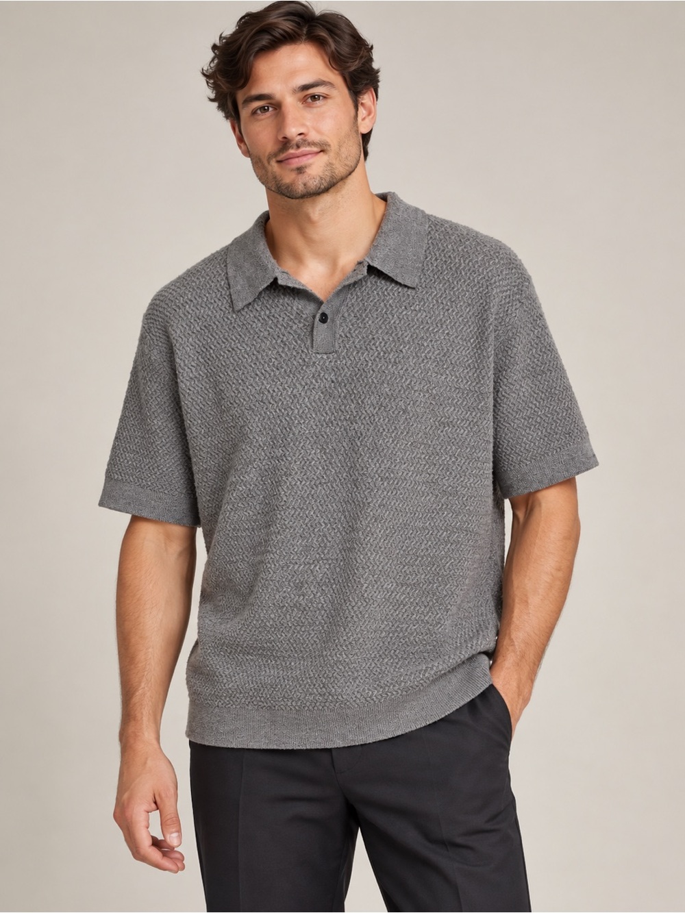 Tahari Textured Short-Sleeve Polo in Gray